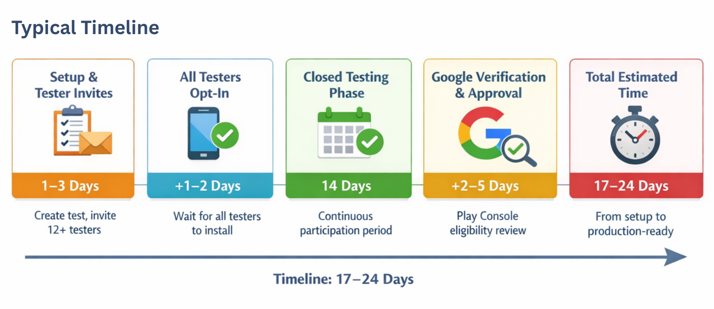 The slow typical path for Google Play closed testing with high rejection risk